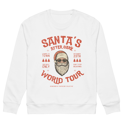 White organic sweatshirt with Santa Claus in sunglasses graphic and text 'Santa's after dark world tour' on a white background