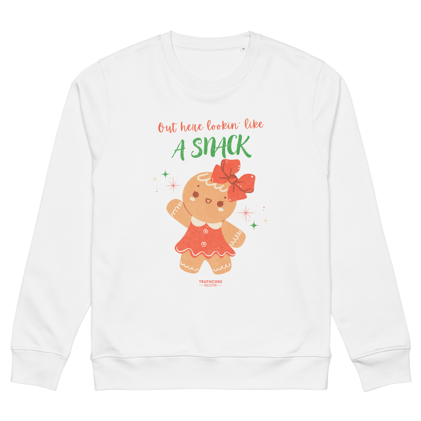 White sweatshirt with a gingerbread girl graphic and text on a white background