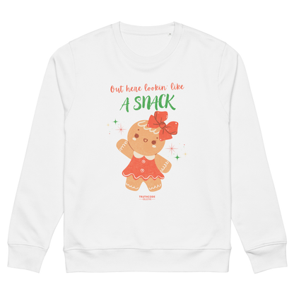 White sweatshirt with a gingerbread girl graphic and text on a white background