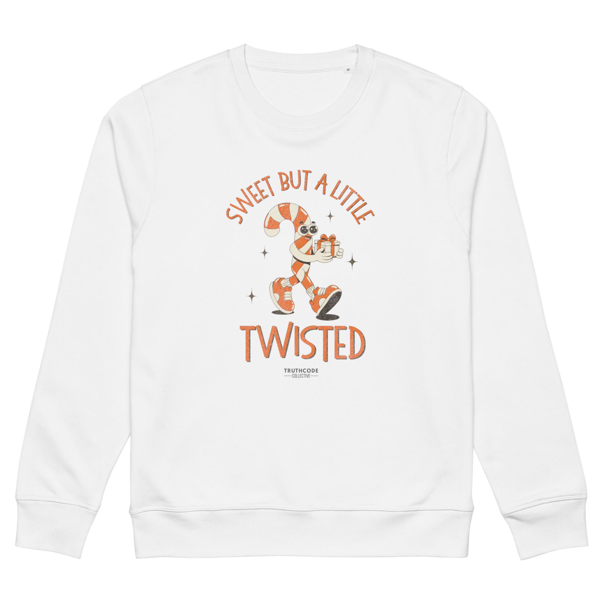 White sweatshirt with cartoon character and text on a white background