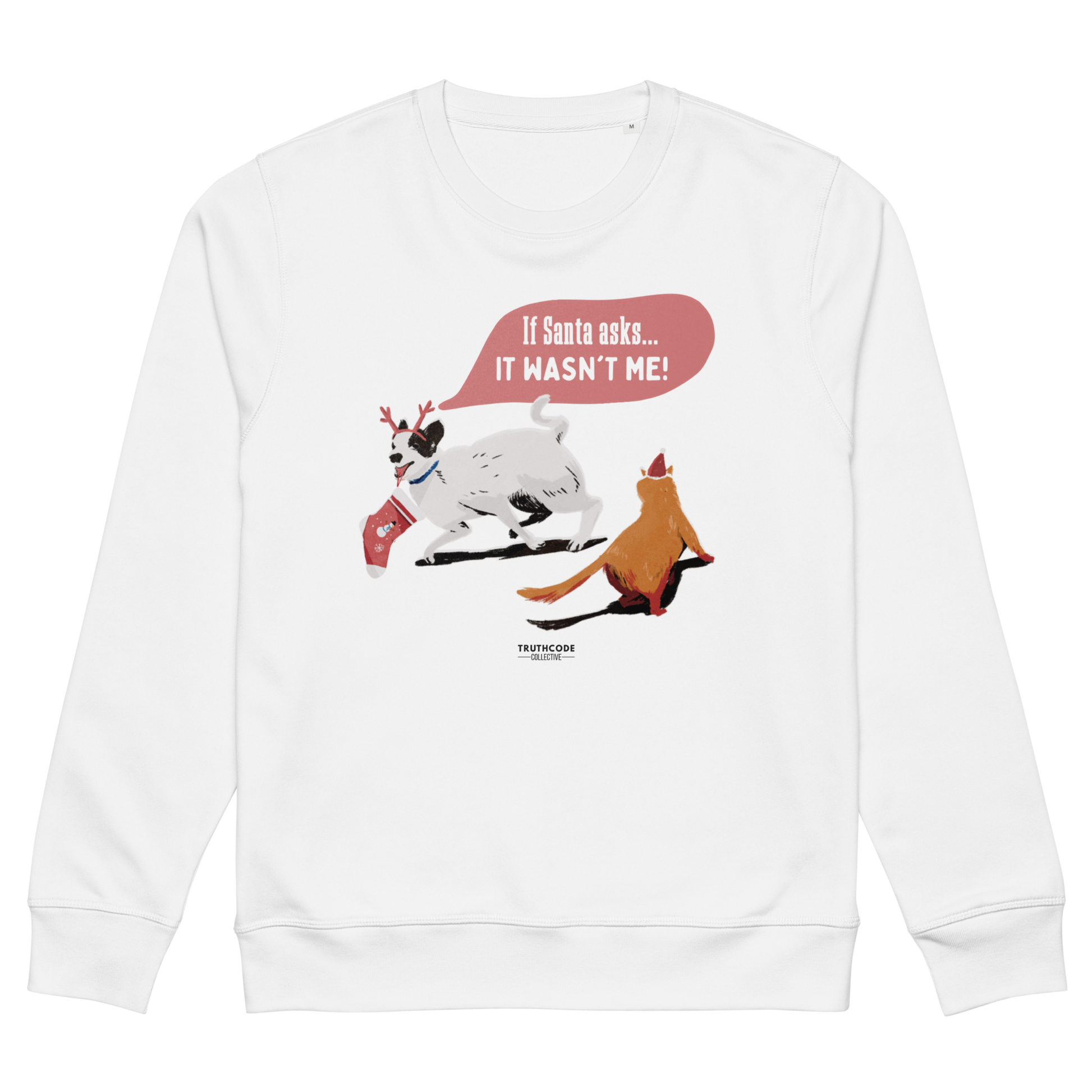 White sweatshirt with cartoon reindeer design and text on a white background