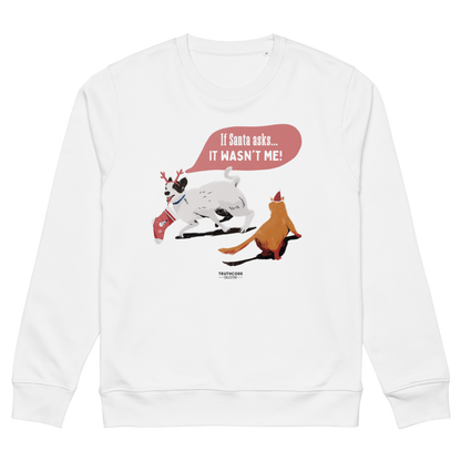 White sweatshirt with cartoon reindeer design and text on a white background