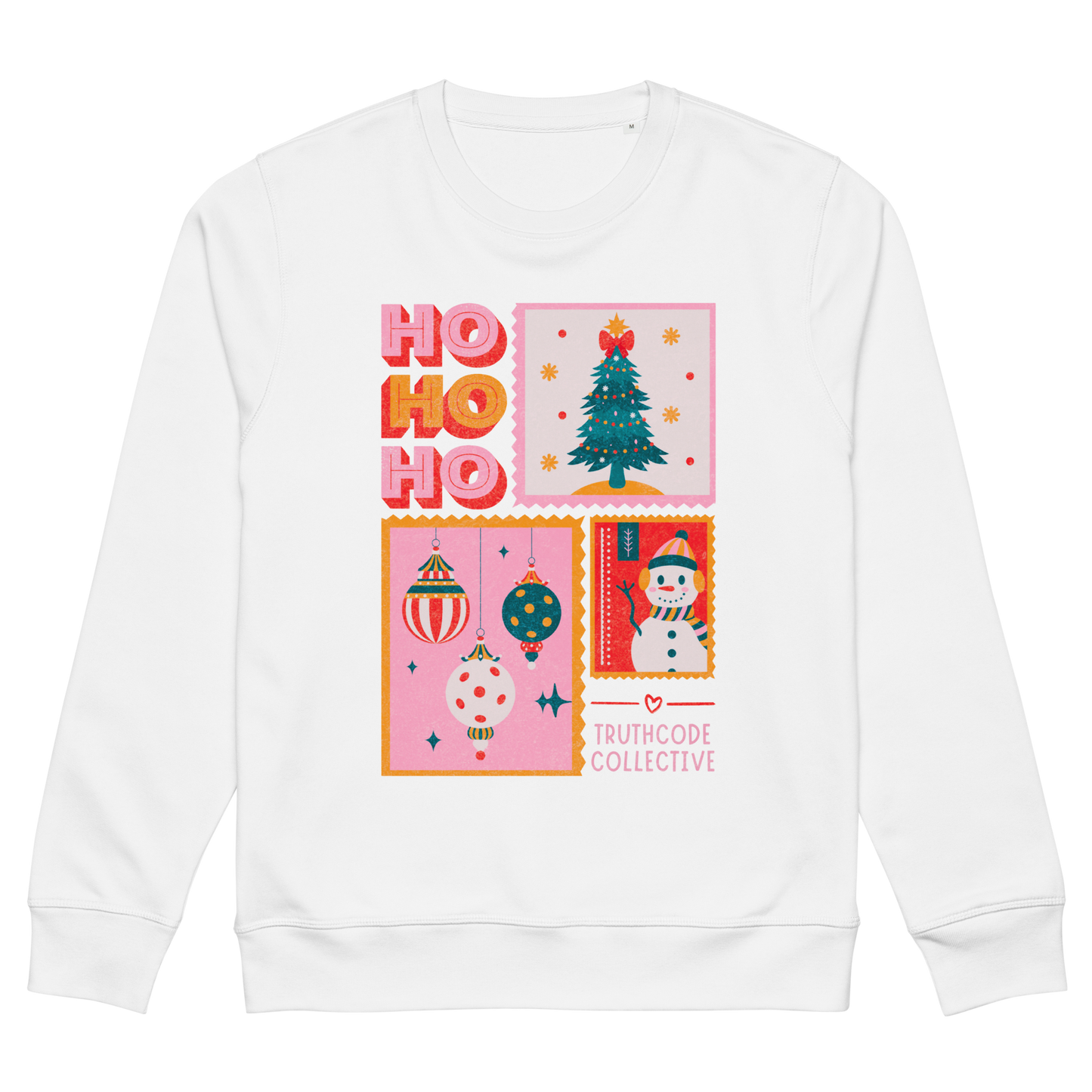 White sweatshirt with Christmas-themed design featuring 'HO HO HO', a tree, ornaments, and a snowman on a white background.