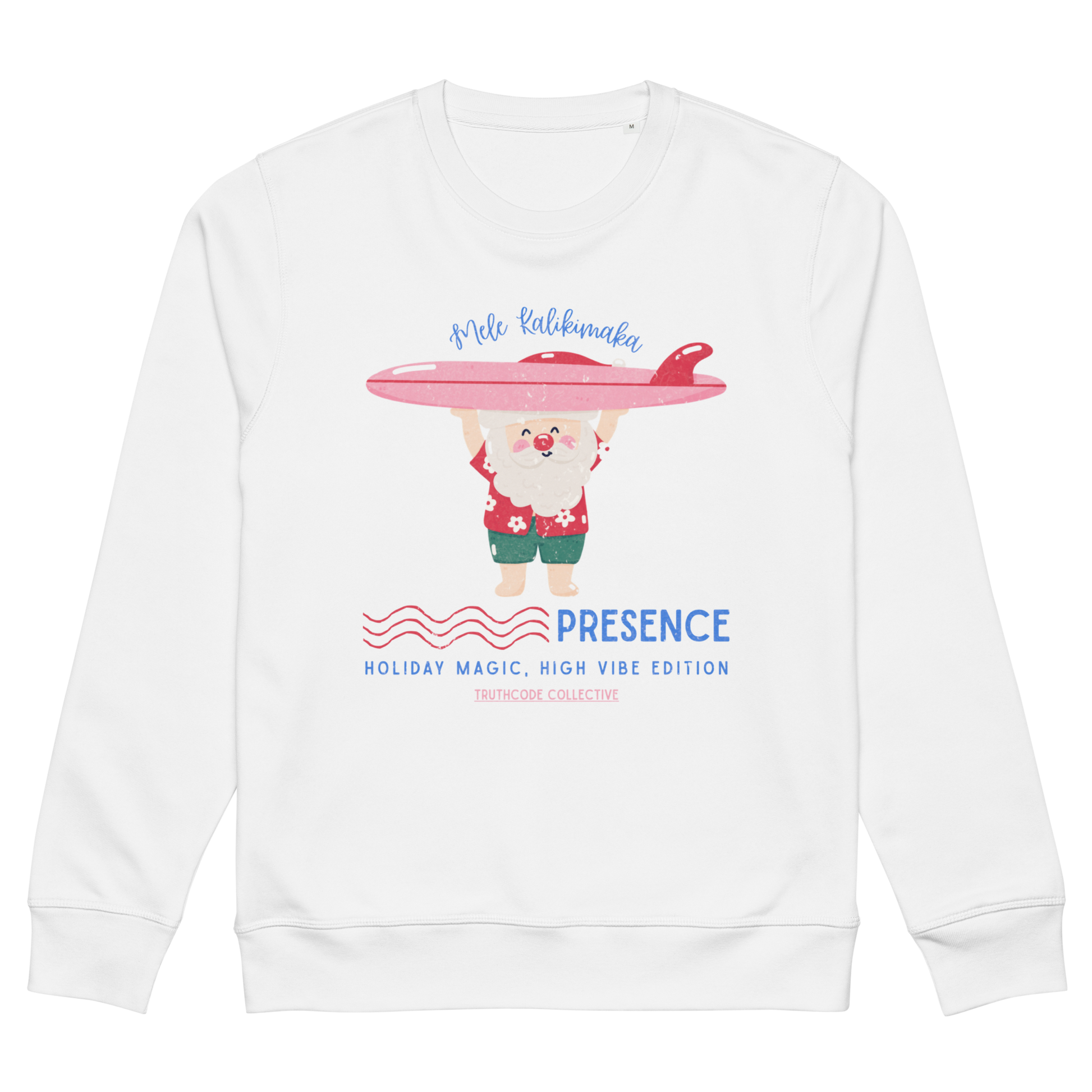 White sweatshirt with a cartoon character holding a surfboard and text on a white background