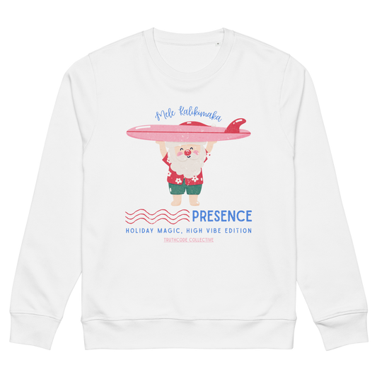 White sweatshirt with a cartoon character holding a surfboard and text on a white background