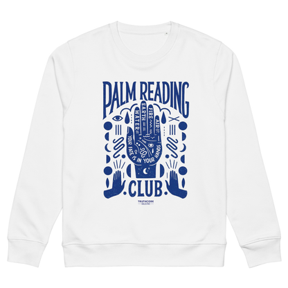 White organic sweatshirt with blue 'Palm Reading Club' and graphic design of a hand with different elements of palm reading, shirt on a white background