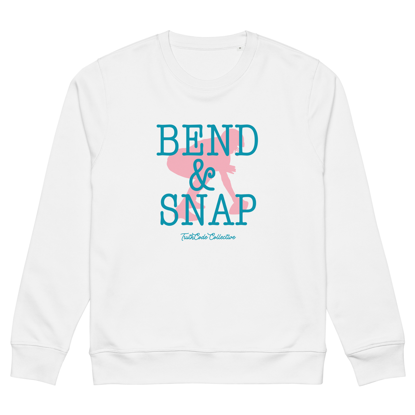 White organic sweatshirt with 'Bend & Snap' text and graphic design of football center ready to snap the ball, on a white background