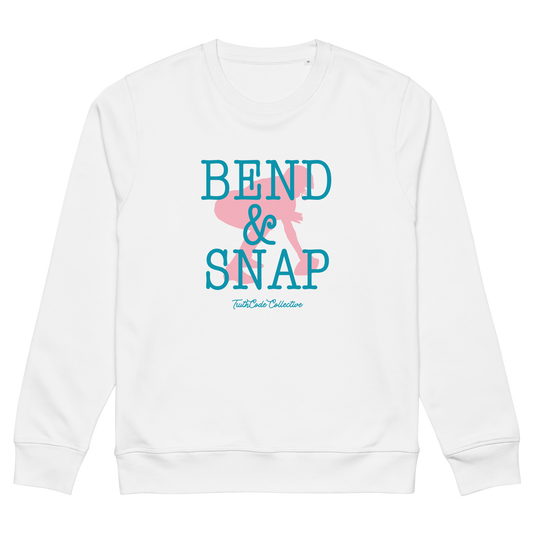 White organic sweatshirt with 'Bend & Snap' text and graphic design of football center ready to snap the ball, on a white background