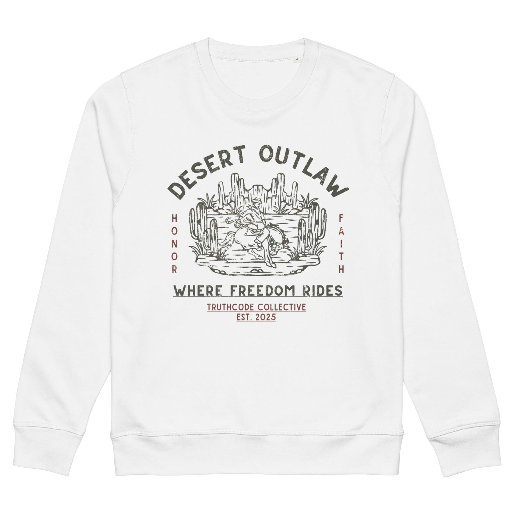 White organic sweatshirt with text 'Desert Outlaw, where freedom rides' and scene of cowboy on a bronco in desert graphic design, on a white background