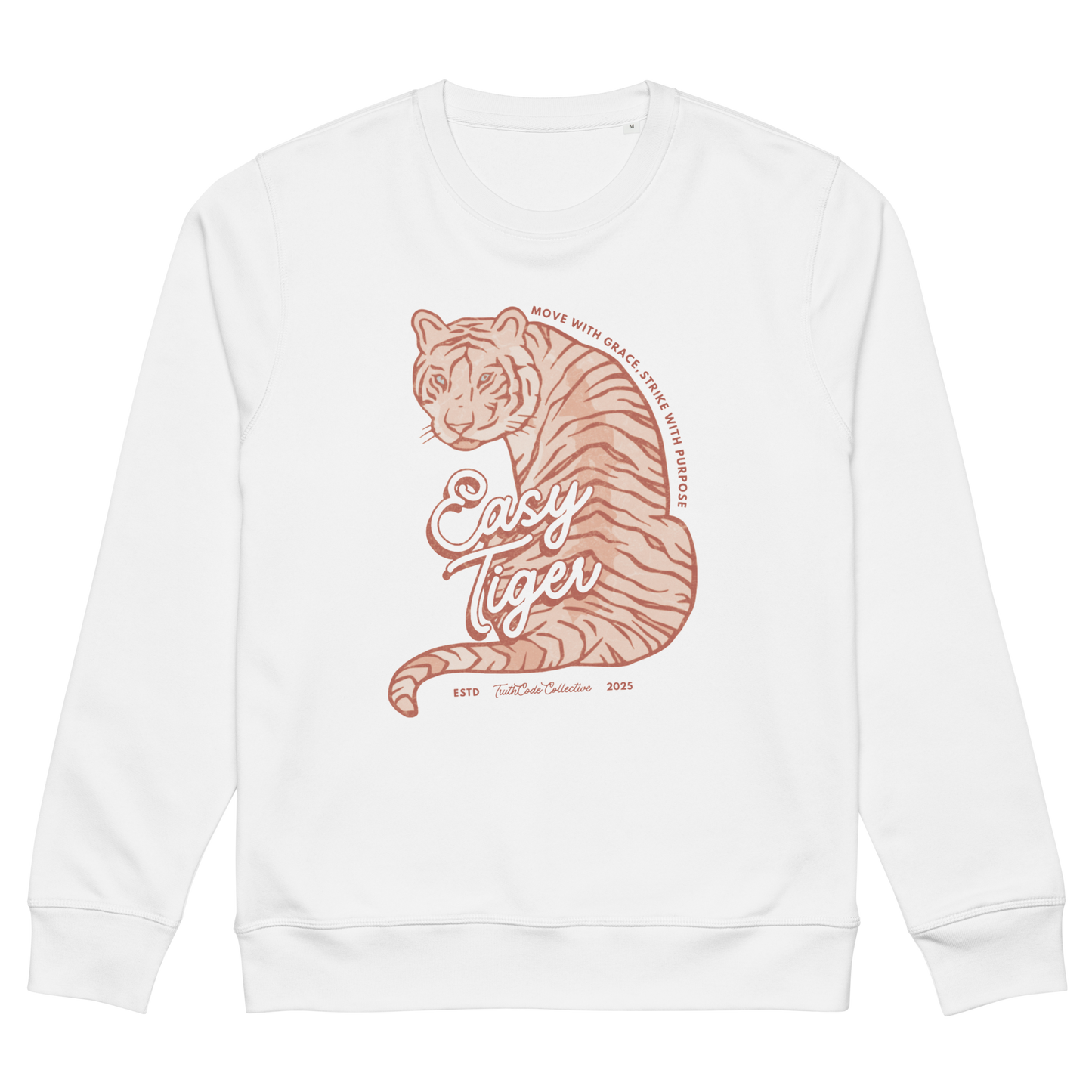 White organic sweatshirt with a tiger graphic and 'Easy Tiger' text, on a white background