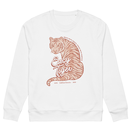 White organic sweatshirt with a tiger graphic and 'Easy Tiger' text, on a white background
