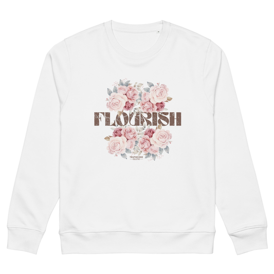 White organic sweatshirt with floral design and 'Flourish' text on a white background