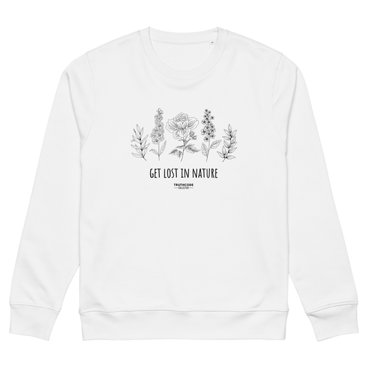 White organic sweatshirt with nature-themed design and text 'Get lost in nature' on a white background