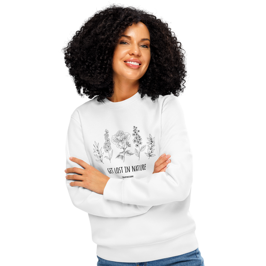 Woman wearing white organic sweatshirt with nature-themed design and text 'Get lost in nature' on a white background