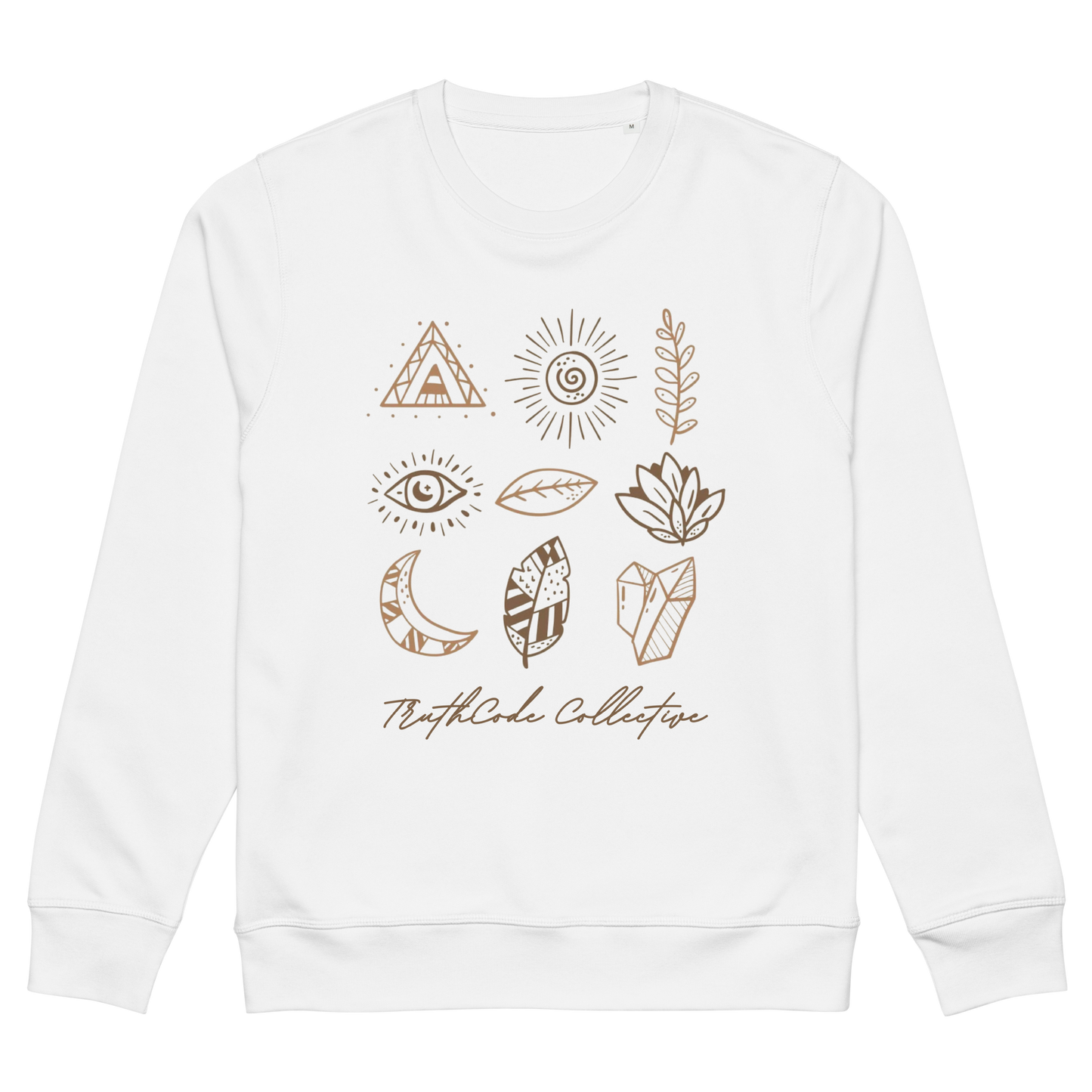 White organic sweatshirt with graphic designs of mystic markings- symbols of feathers, crystals,  earthy motifs, etc., on a white background