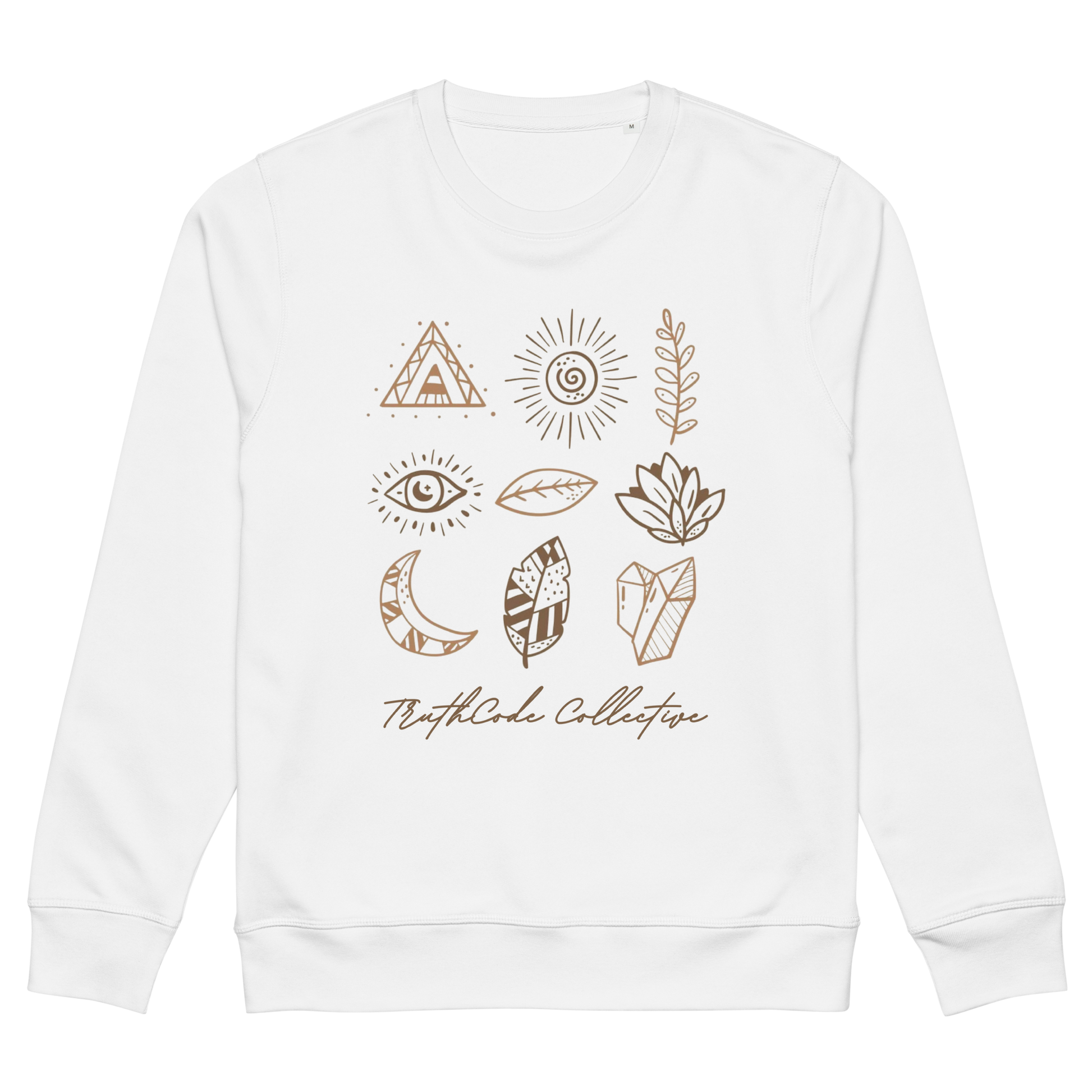 White organic sweatshirt with graphic designs of mystic markings- symbols of feathers, crystals,  earthy motifs, etc., on a white background