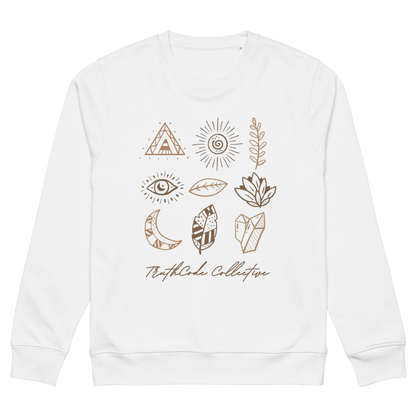 White organic sweatshirt with graphic designs of mystic markings- symbols of feathers, crystals,  earthy motifs, etc., on a white background