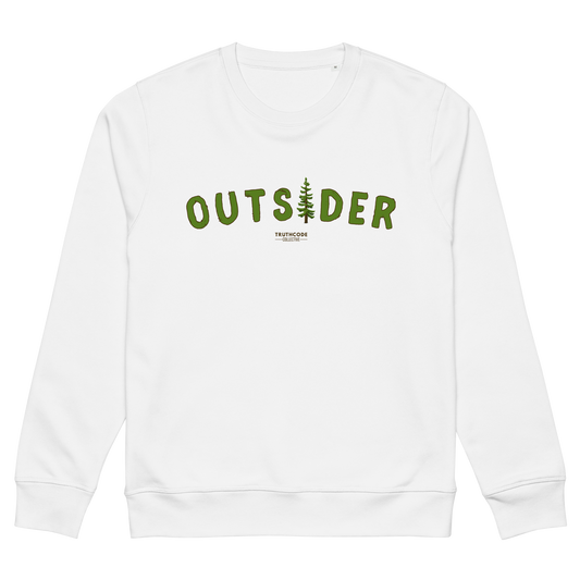 White organic sweatshirt with 'OUTSIDER' text and a tree graphic on a white background