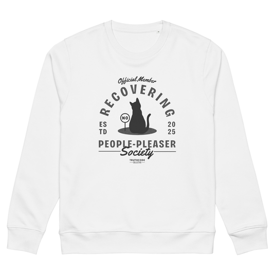White organic sweatshirt with a graphic of a cat and text 'Recovering people- pleaser society' on a white background