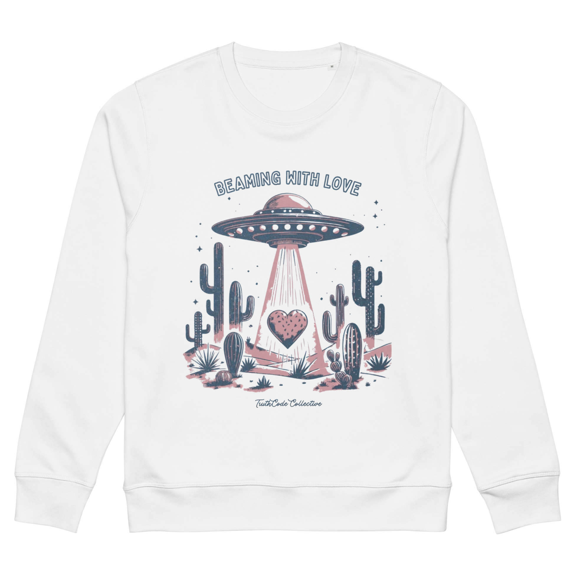 White organic sweatshirt with a UFO and cactus design and text 'Beaming with love', on a white background