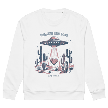 White organic sweatshirt with a UFO and cactus design and text 'Beaming with love', on a white background