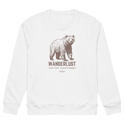 White organic sweatshirt with bear graphic and 'Wanderlust' text on a white background
