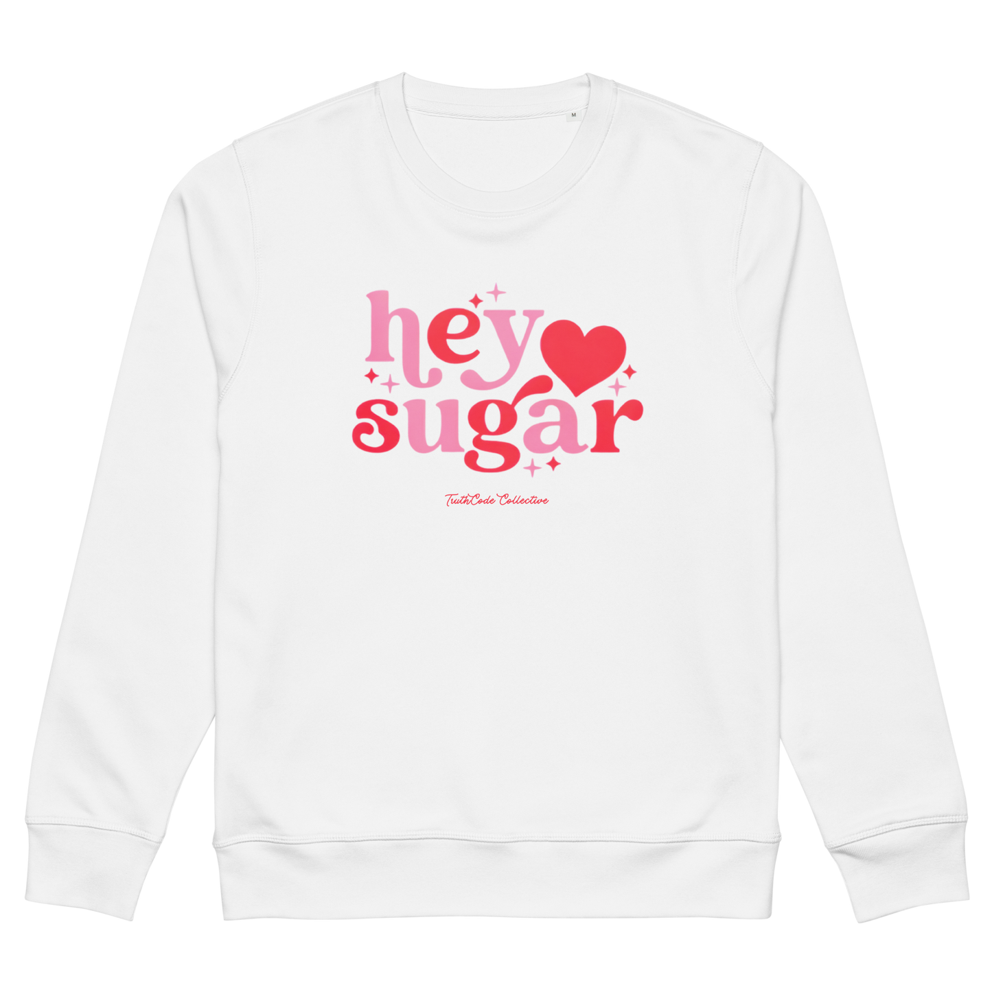 White organic sweatshirt with a floral heart design on a white background