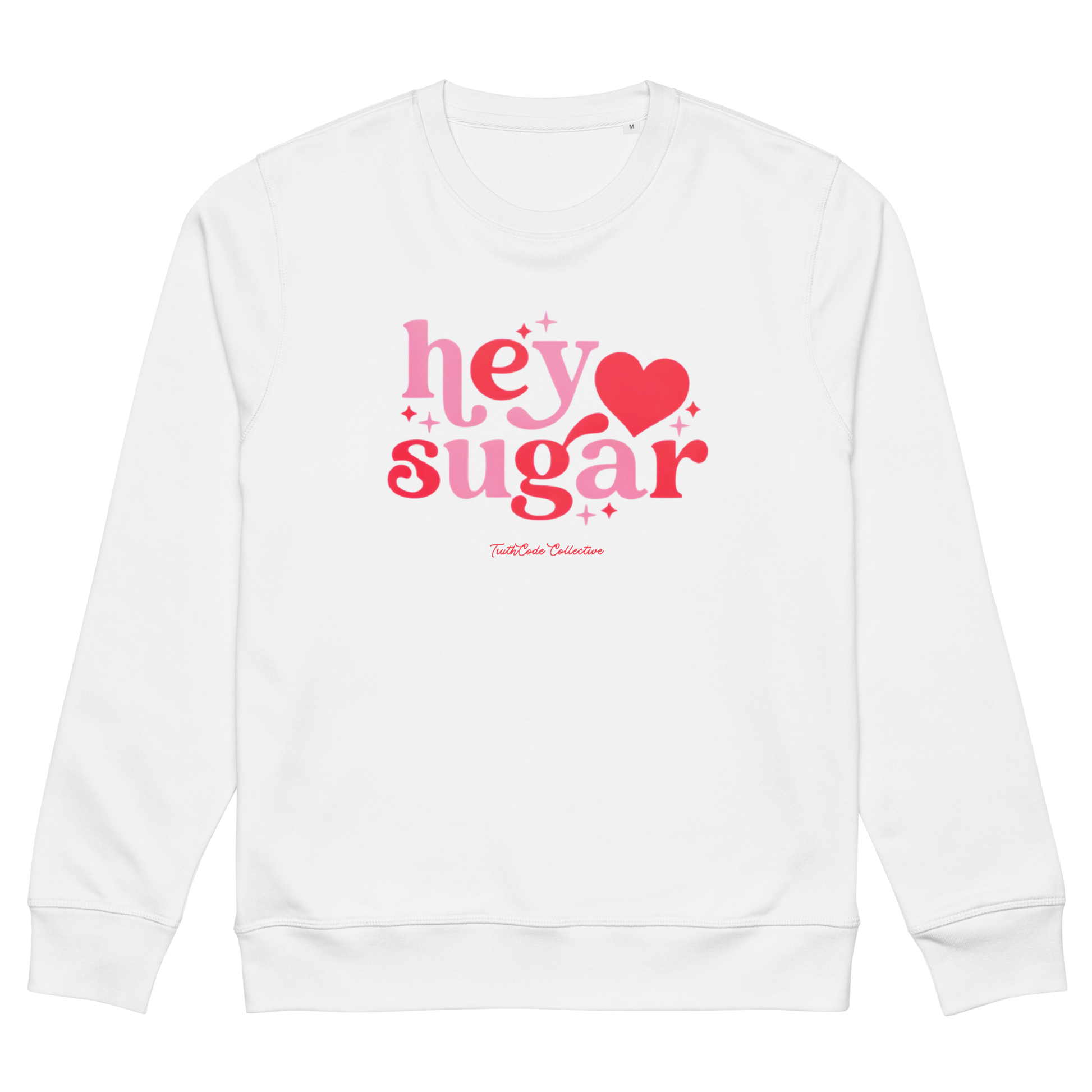 White organic sweatshirt with a floral heart design on a white background
