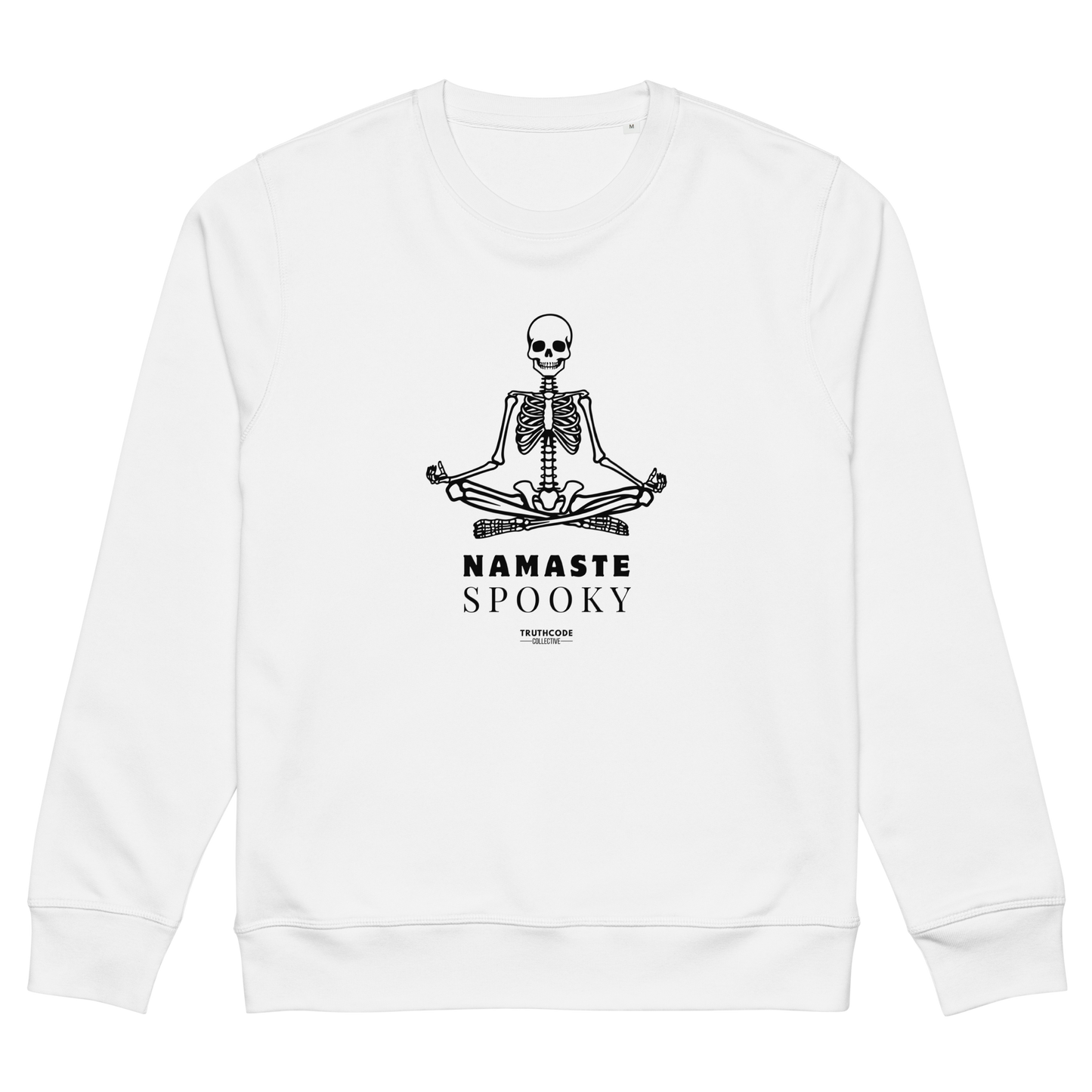 White organic sweatshirt with a skeleton design and 'Namaste Spooky' text on a white background