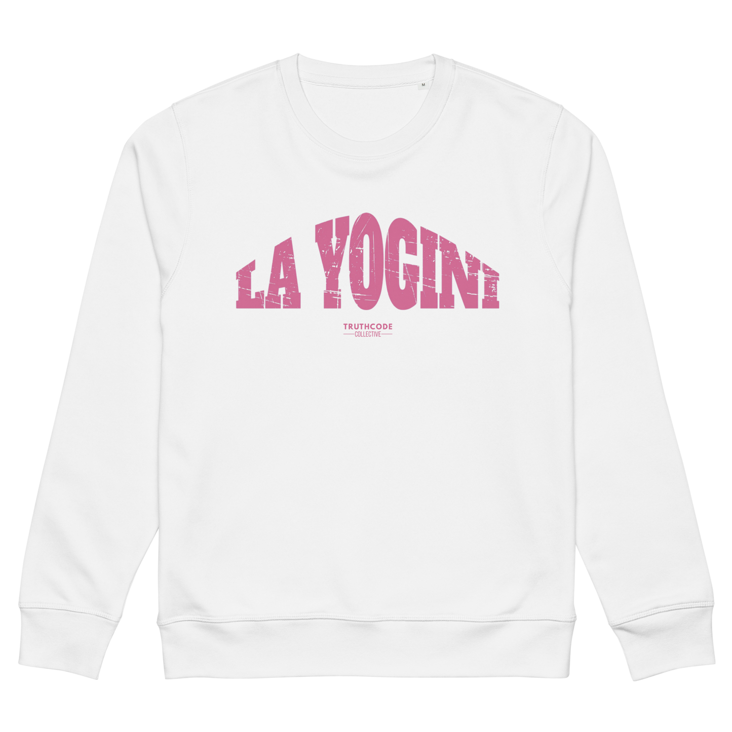 White organic sweatshirt with pink 'LA YOGINI' text on a white background