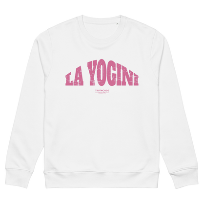 White organic sweatshirt with pink 'LA YOGINI' text on a white background