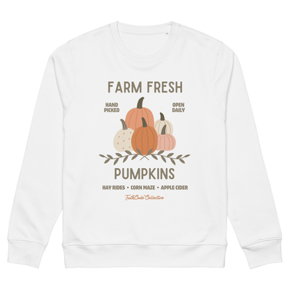 White organic sweatshirt with pumpkin graphic and text 'Farm fresh pumpkins, hay rides, corn maze, apple cider'  on a white background