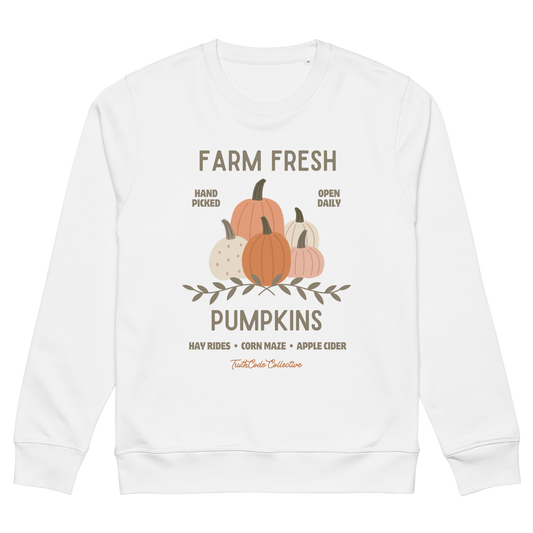 White organic sweatshirt with pumpkin graphic and text 'Farm fresh pumpkins, hay rides, corn maze, apple cider'  on a white background