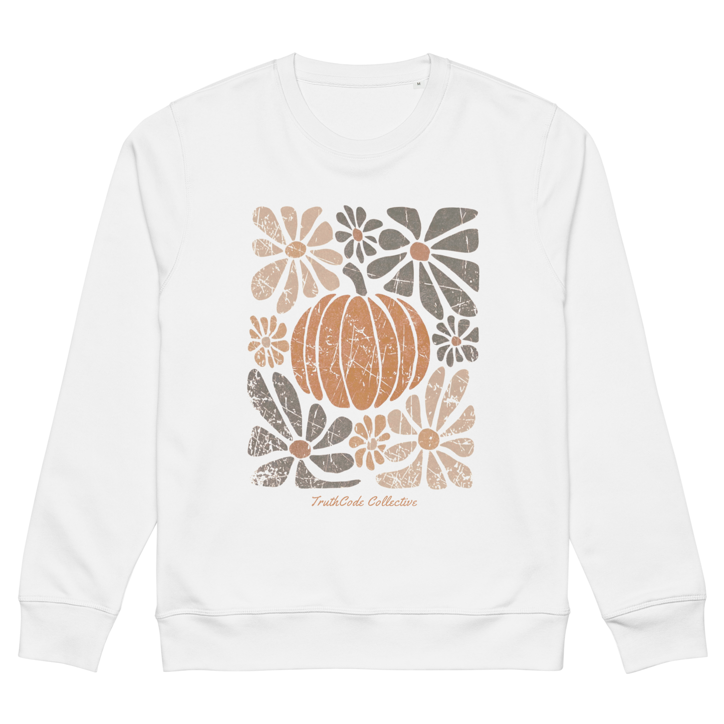 White organic sweatshirt with a pumpkin and floral design on a white background