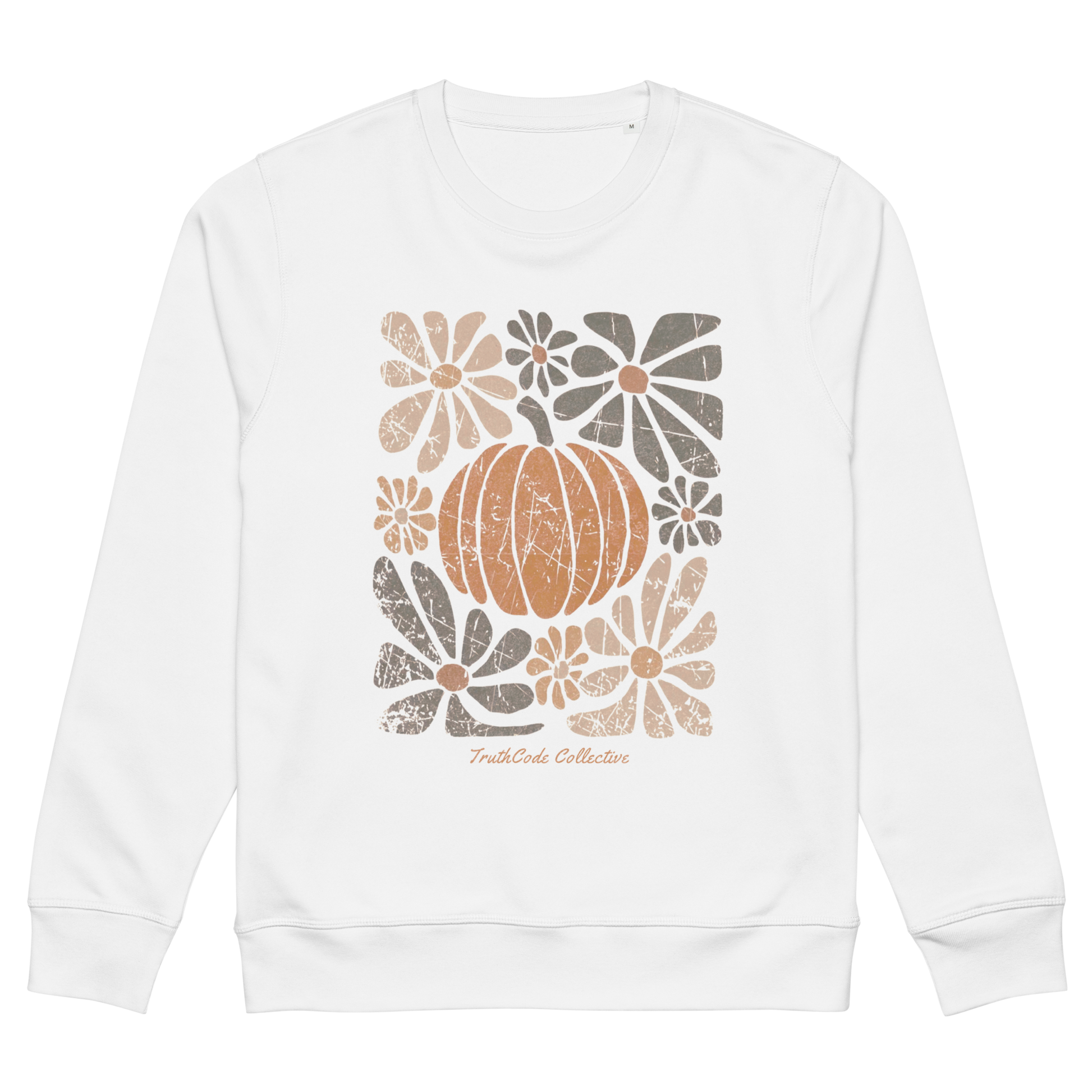 White organic sweatshirt with a pumpkin and floral design on a white background