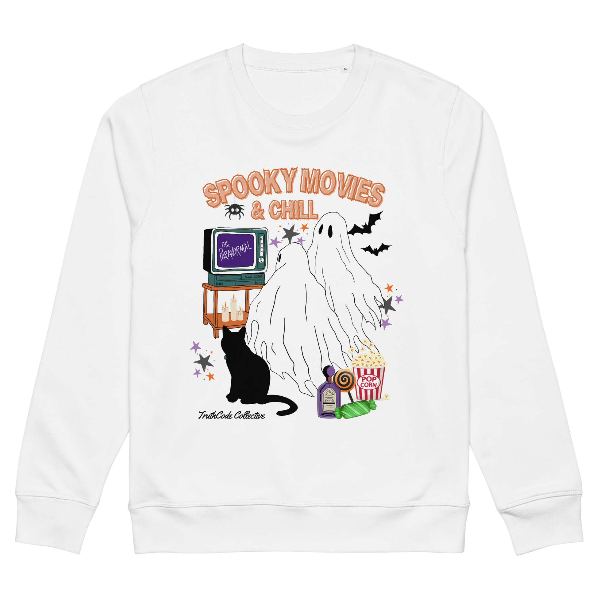 White organic sweatshirt with Halloween-themed design featuring a ghost, black cat, TV, and popcorn and text 'Spooky movies and chill' on a white background