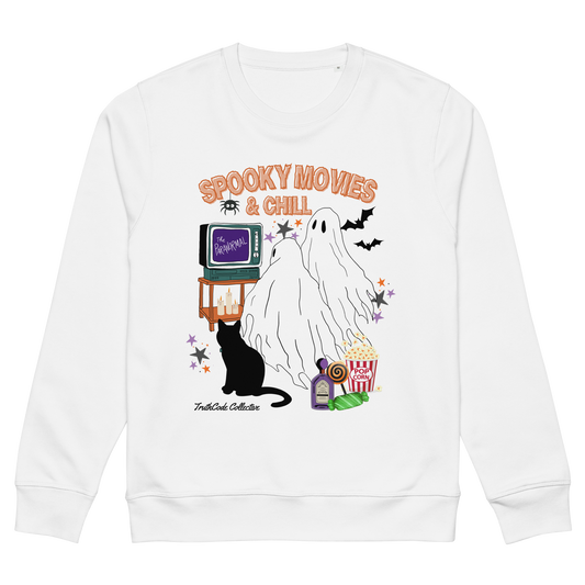 White organic sweatshirt with Halloween-themed design featuring a ghost, black cat, TV, and popcorn and text 'Spooky movies and chill' on a white background