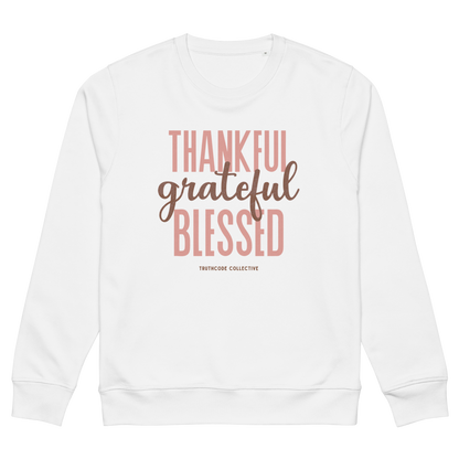 White organic sweatshirt with 'Thankful grateful BLESSED' text design on a white background
