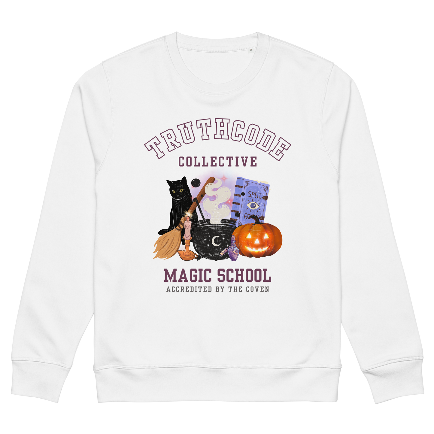 White organic sweatshirt with Halloween-themed design and 'TruthCode Collective Magic School' text, on a white background