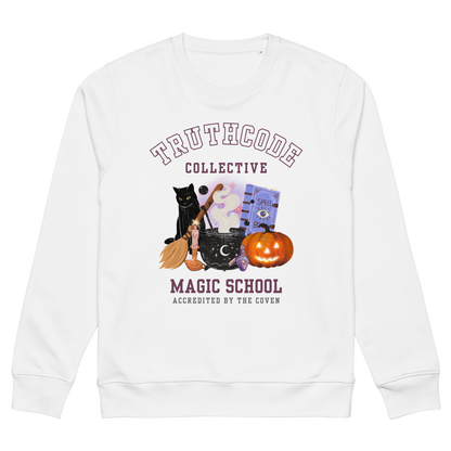 White organic sweatshirt with Halloween-themed design and 'TruthCode Collective Magic School' text, on a white background