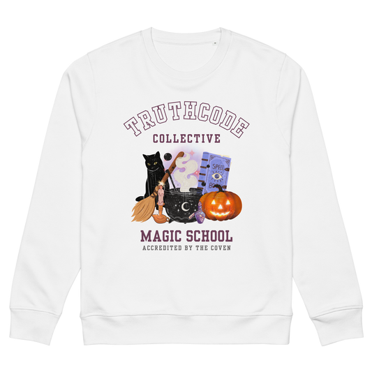 White organic sweatshirt with Halloween-themed design and 'TruthCode Collective Magic School' text, on a white background
