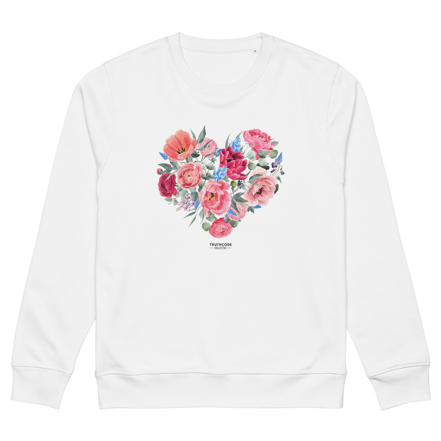 White organic sweatshirt with a floral heart design on a white background