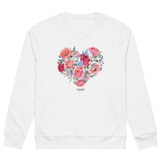 White organic sweatshirt with a floral heart design on a white background