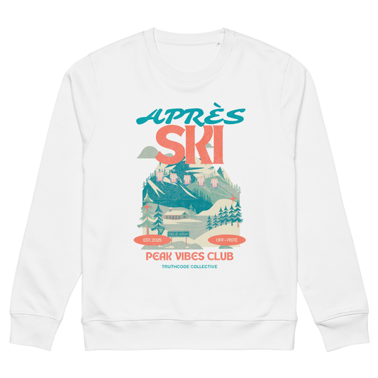 White organic sweatshirt with text 'Apres Ski, peak vibes club' and graphic design of a mountain scape, on a white background