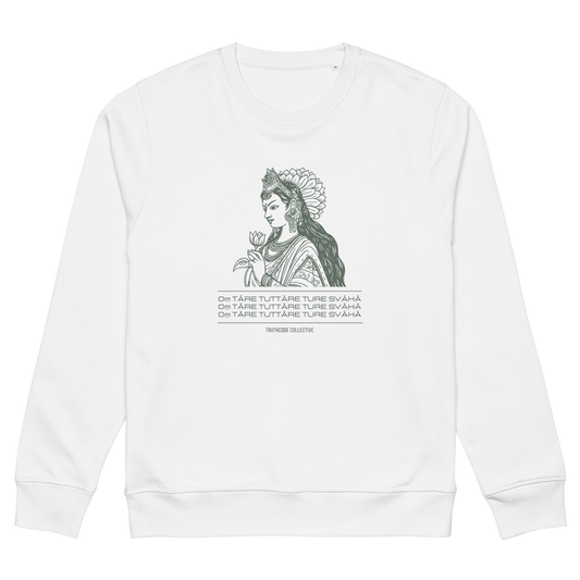 White organic sweatshirt with a graphic of a woman representing Green Tara holding a flower and mantra text, on a white background