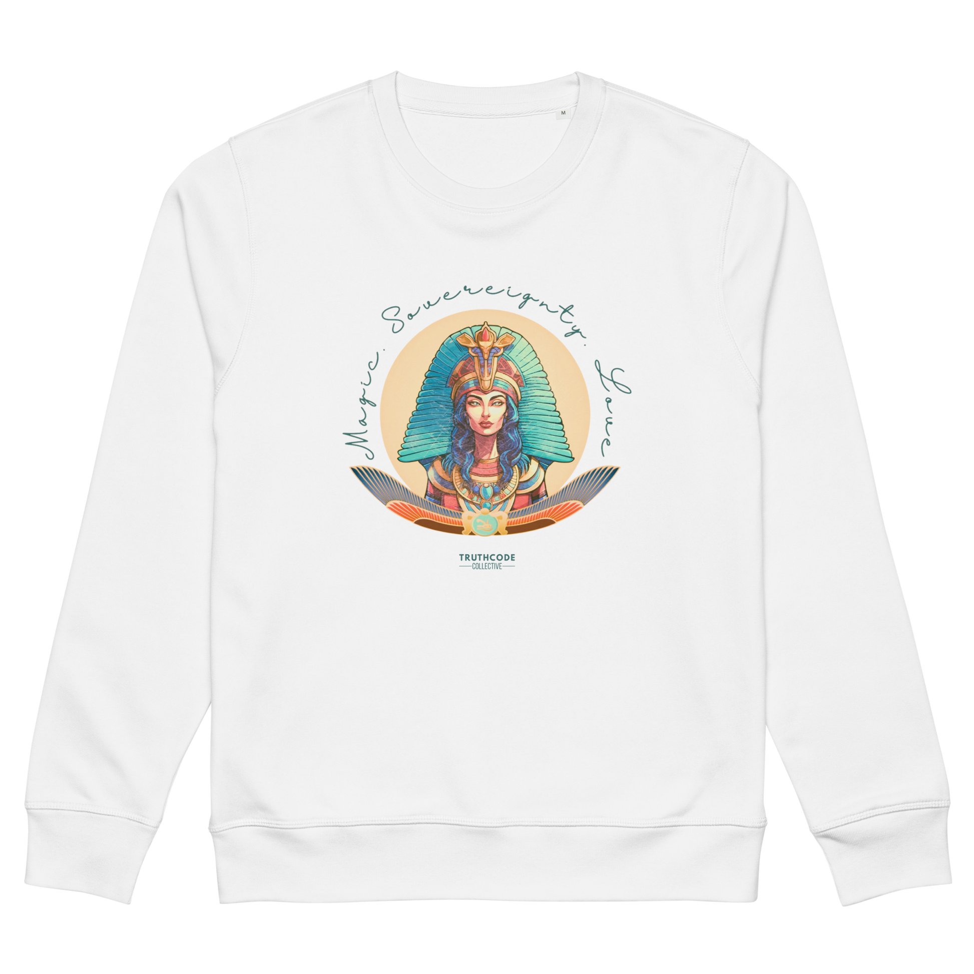White organic sweatshirt with a colorful graphic of an Egyptian woman in a headdress and text 'Magic, Sovereignty, Love' on a white background