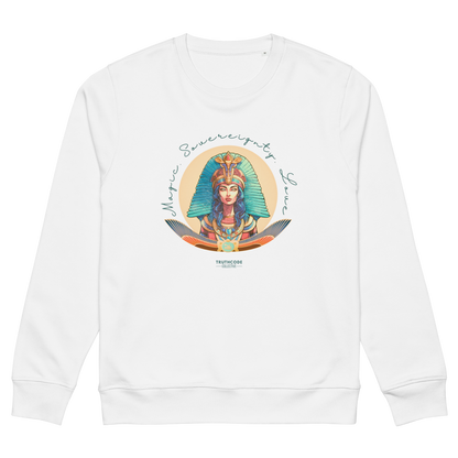 White organic sweatshirt with a colorful graphic of an Egyptian woman in a headdress and text 'Magic, Sovereignty, Love' on a white background