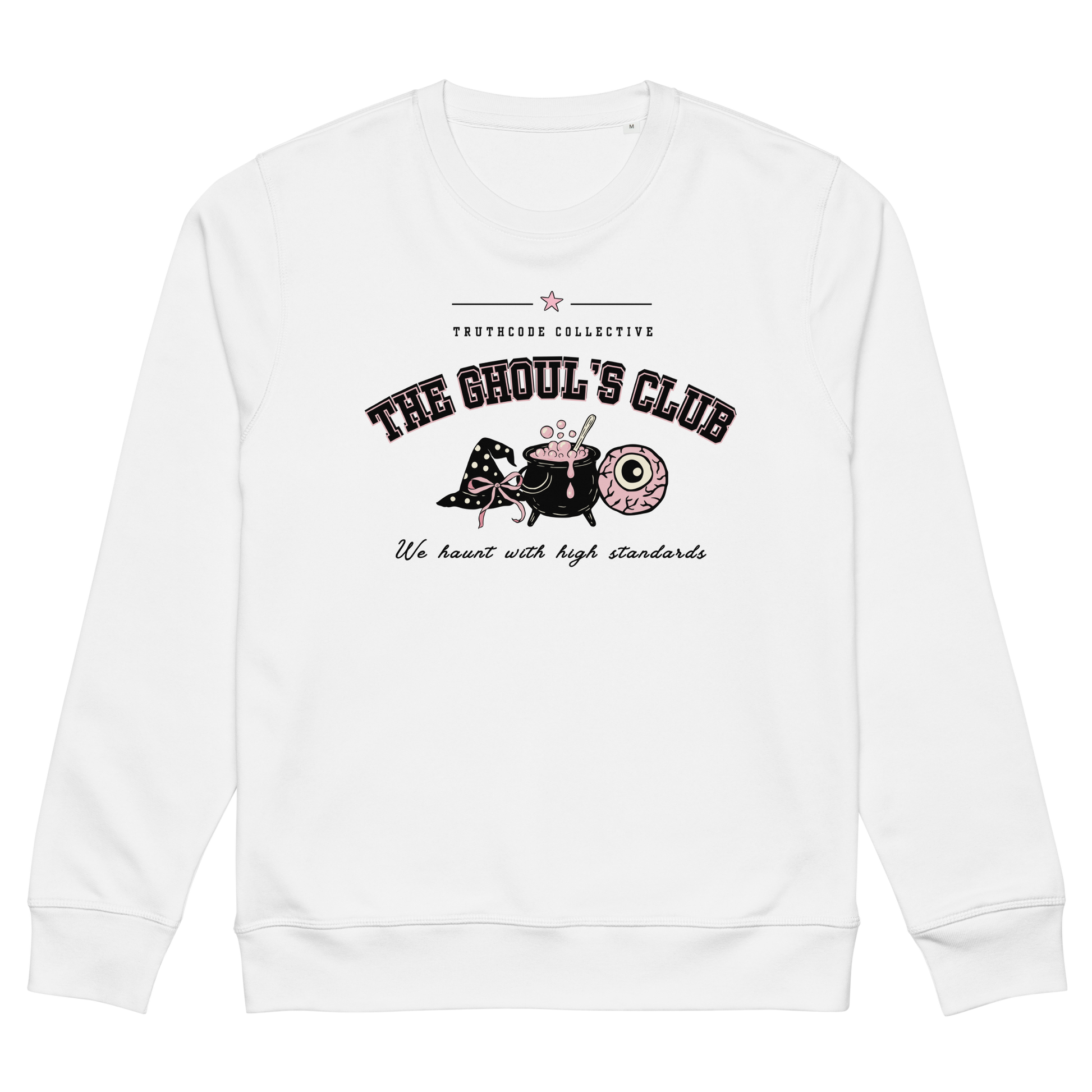 White organic sweatshirt with 'The Ghoul's Club, we haunt you with high standards' text and halloween style graphic design on a white background
