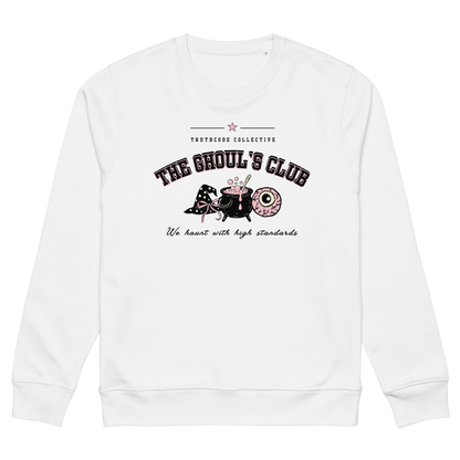 White organic sweatshirt with 'The Ghoul's Club, we haunt you with high standards' text and halloween style graphic design on a white background