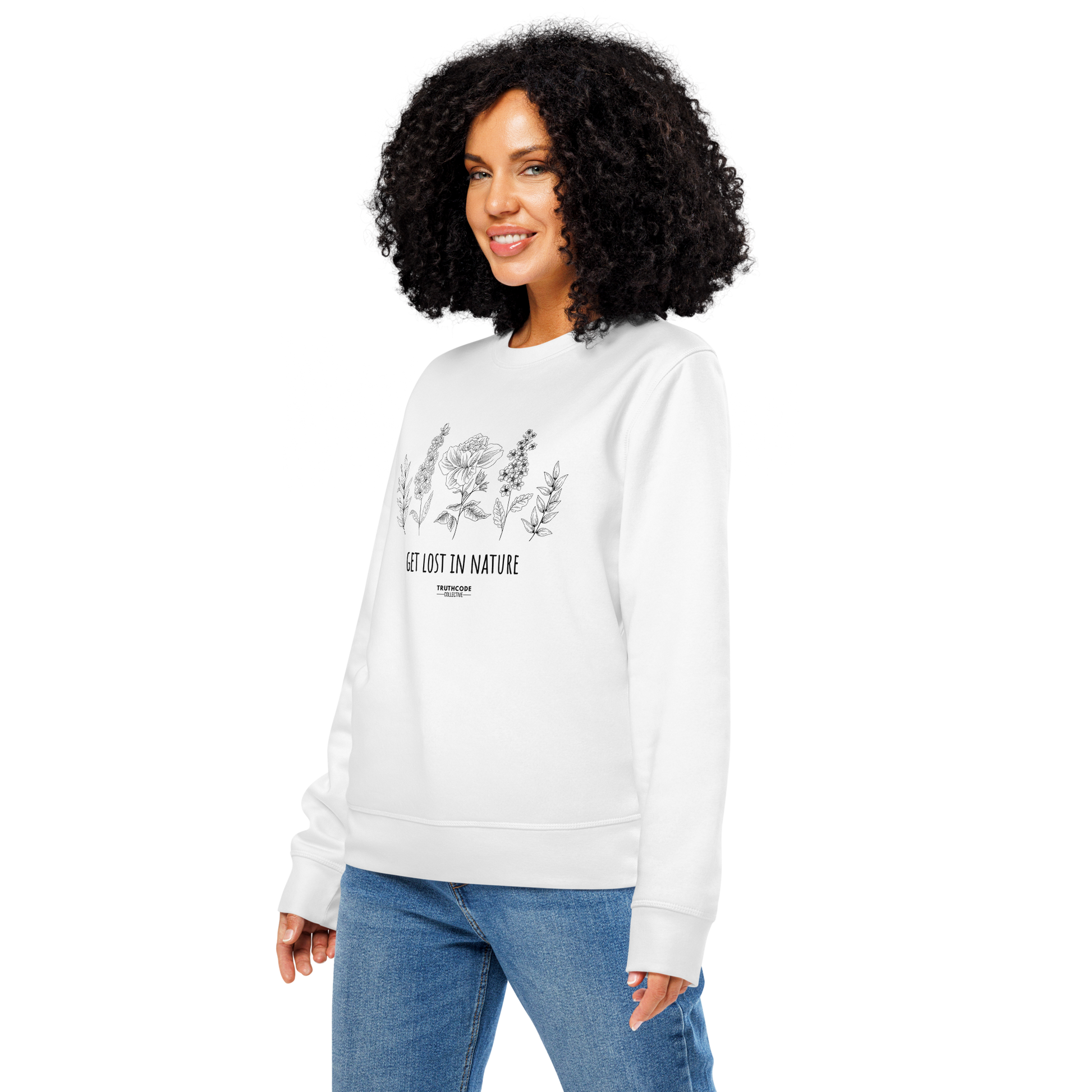 Woman wearing white organic sweatshirt with floral stems design and text reading 'Get lost in nature' on a white background